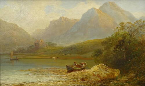 19thC Continental School. Mountain river scene with figures by a rowing boat, oil on panel, indistinctly titled verso, 31cm x 51cm