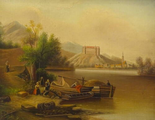 19thC Continental School. River scene with figures and barge, oil on canvas, 33cm x 43cm.