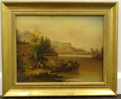 19thC Continental School. River scene with figures and barge, oil on canvas, 33cm x 43cm. - 2