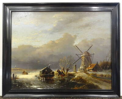 19thC Continental School. Dutch water scene with figures and barge, oil on panel, 34.5cm x 43.5cm. - 2