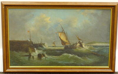 A.E. Dodds(?) (19thC). Fishing boats in stormy seas, oil, signed and dated 1860, 29cm x 49.5cm. - 2