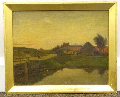 19thC School. Country scene with figures, oil on canvas, indistinctly signed, 24.5cm x 31.5cm. - 2