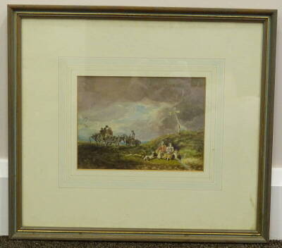 19thC School. Landscape with figures, horse and cart, watercolour, 14cm x 19cm. - 2