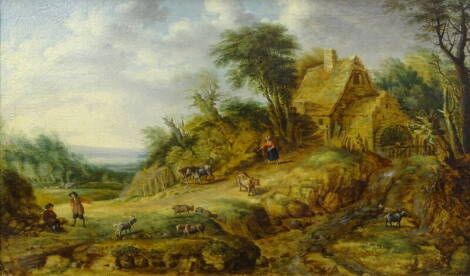 18thC/19thC Continental School. Rural landscape with figures, animals and watermill, oil on canvas, 42.5cm x 70.5cm.