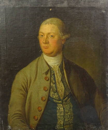 18thC British School. Half length portrait of a gentleman wearing gold braid waistcoat and white neck scarf, oil on canvas, 78cm x 65cm.