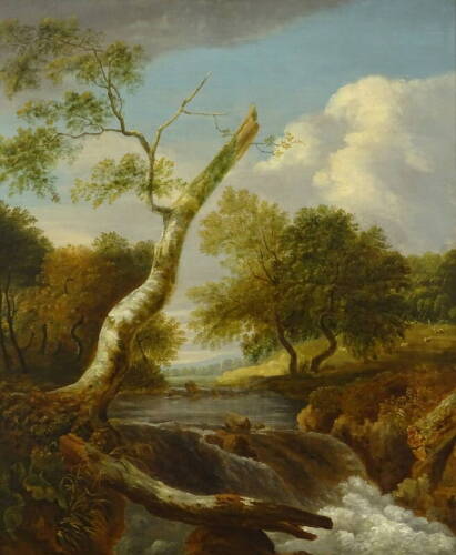 George Childs (1809-1879). River landscape, oil on canvas, label verso, 59.5cm x 49.5cm.