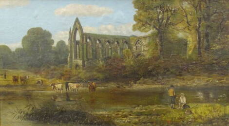 19thC British School. River landscape with ruin Abbey with cattle watering and figures fishing, oil, 37cm x 66cm.