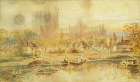 A. Storie (19thC/20thC). River landscape with cathedral in the distance, watercolour, signed, 29cm x 49cm.