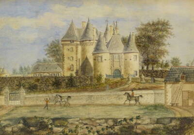 WITHDRAWN BY VENDOR W.R. Bertolacci (19thC). Horse and rider with chateau in the background, watercolour, signed and dated 1834, 20.5cm x 28.5cm.