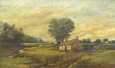 19thC British School. Rural landscape with cottage and figures, oil on canvas, indistinctly signed and dated 1880, 36.5cm x 60cm.