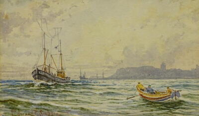 •Edward H. Simpson (1901-1989). Keel boats leaving Whitby, watercolour, signed and titled verso, 12.5cm x 20cm.