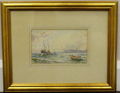 •Edward H. Simpson (1901-1989). Keel boats leaving Whitby, watercolour, signed and titled verso, 12.5cm x 20cm. - 2