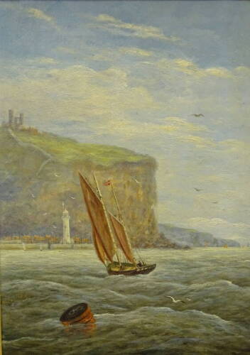 19thC British School. Scarborough coastal scene, oil on canvas, indistinctly signed, dated and titled verso, 34.5cm x 24cm.