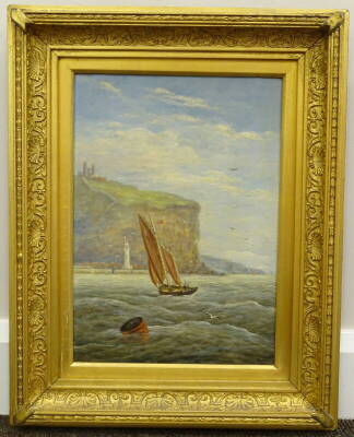 19thC British School. Scarborough coastal scene, oil on canvas, indistinctly signed, dated and titled verso, 34.5cm x 24cm. - 2