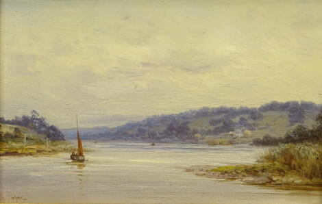 Charles Fisher (19thC/20thC). On the Thames above Saltash, oil on canvas, signed and titled verso, 13.5cm x 20.5cm.