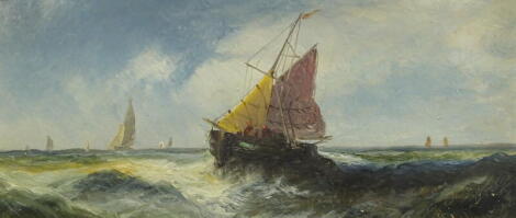 William Matthew Hale (c.1849-c.1929). Masted ships at sea, oil on board, signed, 14.5cm x 33cm.