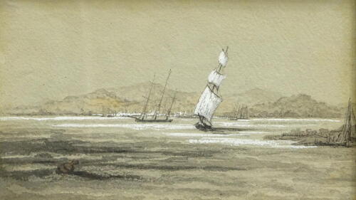 19thC British School. Masted ships off the coast, watercolour drawing with highlight, 12.5cm x 21cm, and four other watercolours. (5)