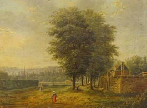 19thC School. Park landscape with figures/river landscape, oil on board - pair, 24cm x 32cm. (AF)