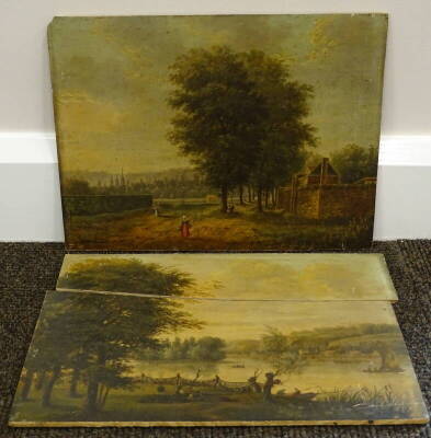 19thC School. Park landscape with figures/river landscape, oil on board - pair, 24cm x 32cm. (AF) - 2