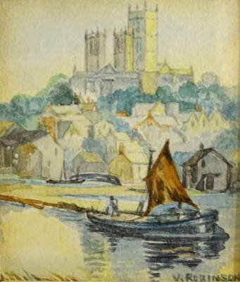 •Vera Robinson (19thC/20thC). The Brayford Pool, Lincoln, watercolour, signed and titled verso, 6.5cm x 5.5cm.