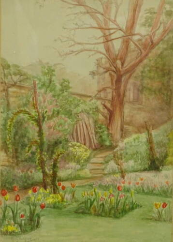 •Mary Dudding (19thC/20thC). Our garden in May, watercolour, signed, dated May 1952, 33.5cm x 23.5cm. Artist label verso, Greestone Holme Lincoln and another watercolour signed Alison Todd.