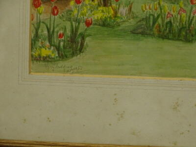 •Mary Dudding (19thC/20thC). Our garden in May, watercolour, signed, dated May 1952, 33.5cm x 23.5cm. Artist label verso, Greestone Holme Lincoln and another watercolour signed Alison Todd. - 3