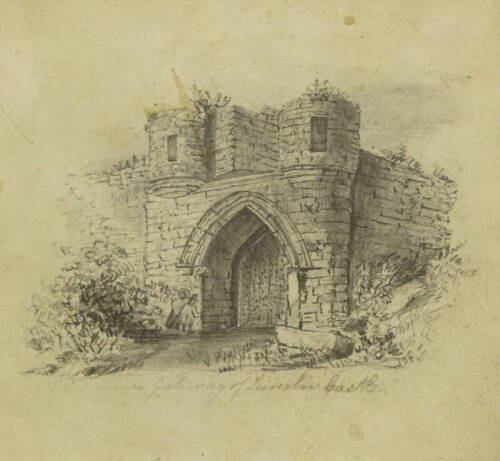 •19thC British School. Gateway of Lincoln Castle, pencil drawing, titled, 12.5cm x 13.5cm.