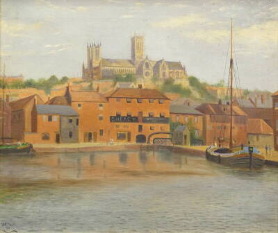 •Alfred Ernest White (1873-1953). Lincoln Cathedral from The Brayford, oil on board, signed and dated (18)98, 29cm x 34cm. Label verso Gadsby's Leicester.