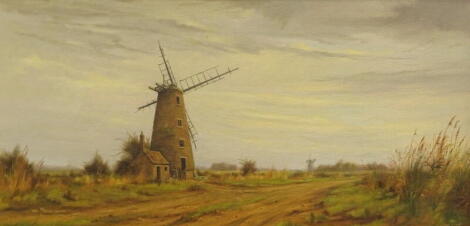 •James Wright (b.1935). Country landscape with Windmills, oil on canvas, signed, 43.5cm x 89.5cm.