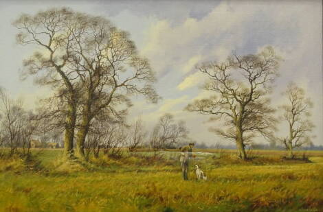 •James Wright (b.1935). Rural landscape with game shooter and gun dog, oil on canvas, signed, 50cm x 75.5cm.