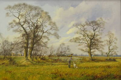 •James Wright (b.1935). Rural landscape with game shooter and gun dog, oil on canvas, signed, 50cm x 75.5cm.