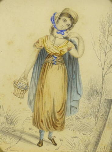 19thC School. Maiden holding a basket, watercolour, 15cm x 11cm, and eight other pictures. (9) Provenance: The Estate of Miss Rachel Monson.