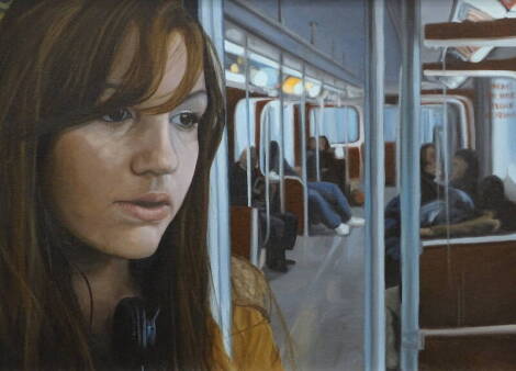 •Joe Simpson (b.1984). Strangers on a train, oil on canvas, signed and dated (20)06 verso, 49.5cm x 75cm.