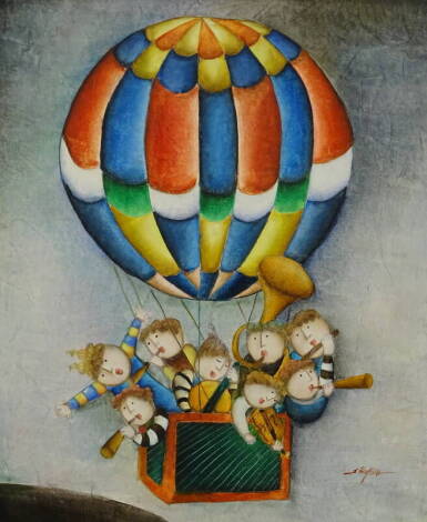 •Joyce Roybal (b.1955). Balloon musician, oil on canvas, signed, 63.5cm x 52.5cm, and another. (2)