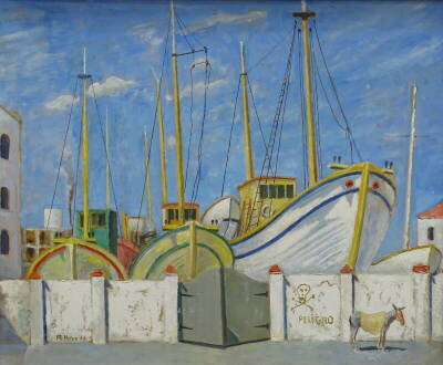 •Rudolph Inlec (20thC). Fishing boats in dry dock, oil on board, signed and dated (19)66, 60cm x 72.5cm. Label verso New English Art Club.
