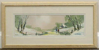 •David Deakings (b.1944). Winter landscape, oil, signed, 14cm x 47.5cm. - 2