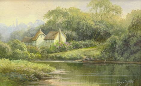 •Hilary Scoffield (b.1958). River landscape with country cottages, watercolour, signed, 15cm x 24.5cm, and another country church. (2)