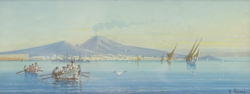 •Yves Gianni (19thC/20thC). Italian coastline with fishing boats, volcano in the background, watercolour, signed, 12cm x 31cm.