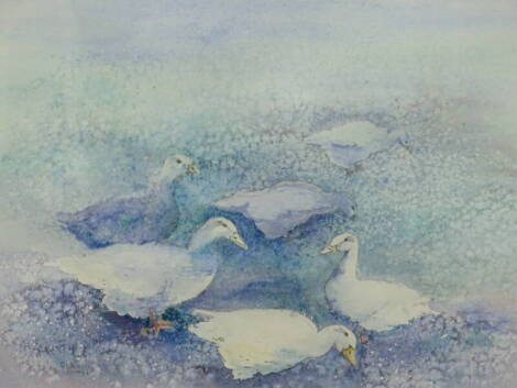 •Chris Drew (20thC). Geese, watercolour, signed, 26.5cm x 36.5cm, and two other works titled Through the Gate, Windermere. (3)