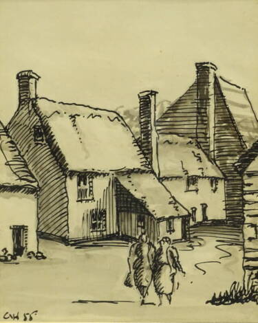 •C.H. (20thC). Figures on village street, drawing, initialled and dated (19)55, and four framed prints. (5)