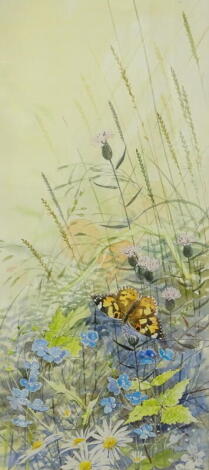 •Paul Miller (20thC). Floral and butterfly study, watercolour - Pair, signed, 47cm x 21.5cm, and another signed F.H. Webster. (3)