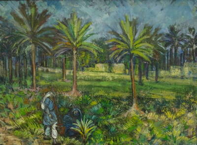 •20thC School. Figures in palm tree garden, oil on canvas, 62.5cm x 85cm.