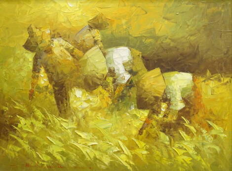 •20thC School. Figures working in the fields, oil on canvas, indistinctly signed, 45cm x 60cm.