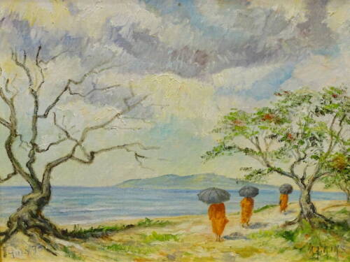 •A.J. Riks (20thC). Monks on beach with dead tree, oil on board, signed, titled verso and dated July (19)78, 39.5cm x50cm.