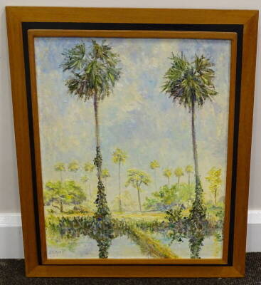 •A.J. Riks (20thC). Sugar Palms, oil on board, signed and titled verso, 50cm x 40cm. - 2