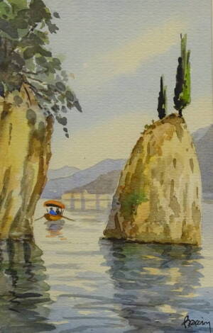 Pxazim (20thC). Coast scene with rowing boat, watercolour, signed, 25.5cm x 16.5cm. Label verso Carlo Monti Como.