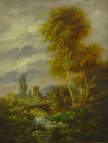 •Roges (20thC). River landscape with a figure on a bridge, oil, signed, 29cm x 23cm.