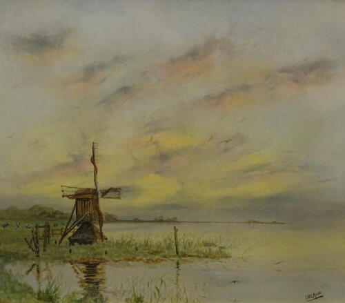 C.M.L. Kouw (19thC/20thC). River landscape with windmill, watercolour, signed and inscribed verso, 31.5cm x 37cm.