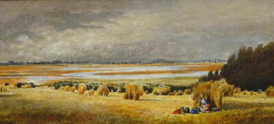 19thC School. Figures in a hay field, oil on board, 25.5cm x 55.5cm.