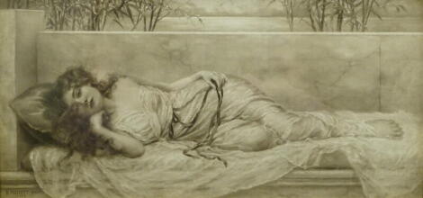 After Prescott Davies. Summer Siesta, Midsummer Reverie, a pair of oak framed sepia prints, 26cm x 54cm.